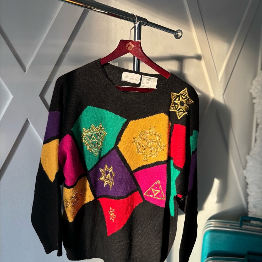 Embroidered Geometric Pattern Sweater - Black, Green, Purple, Pink, Yellow - Picture 2 of 2